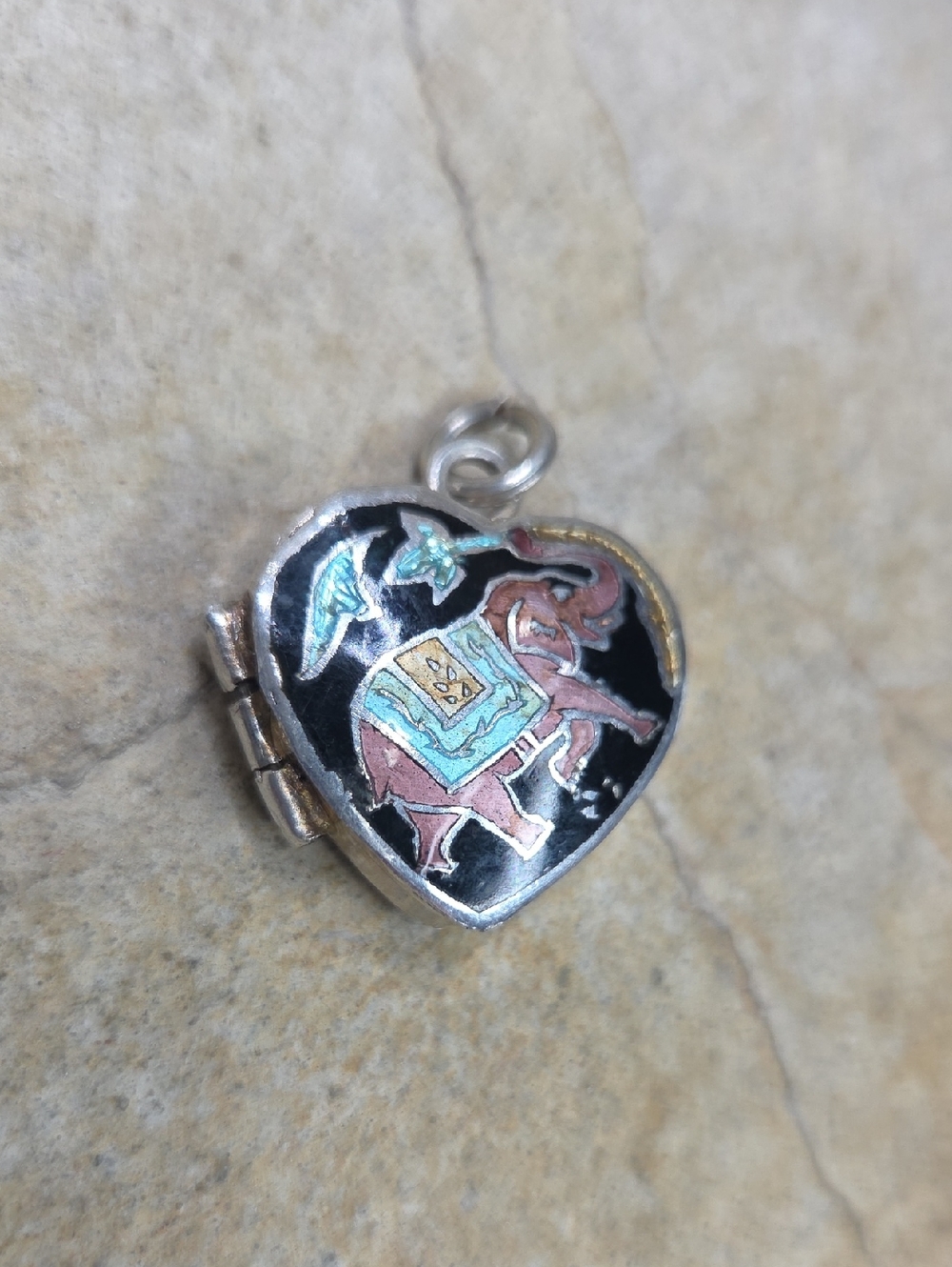 925 Cloisonne Elephant And Peacock Enamel Locket Pendant in Black and Turquoise